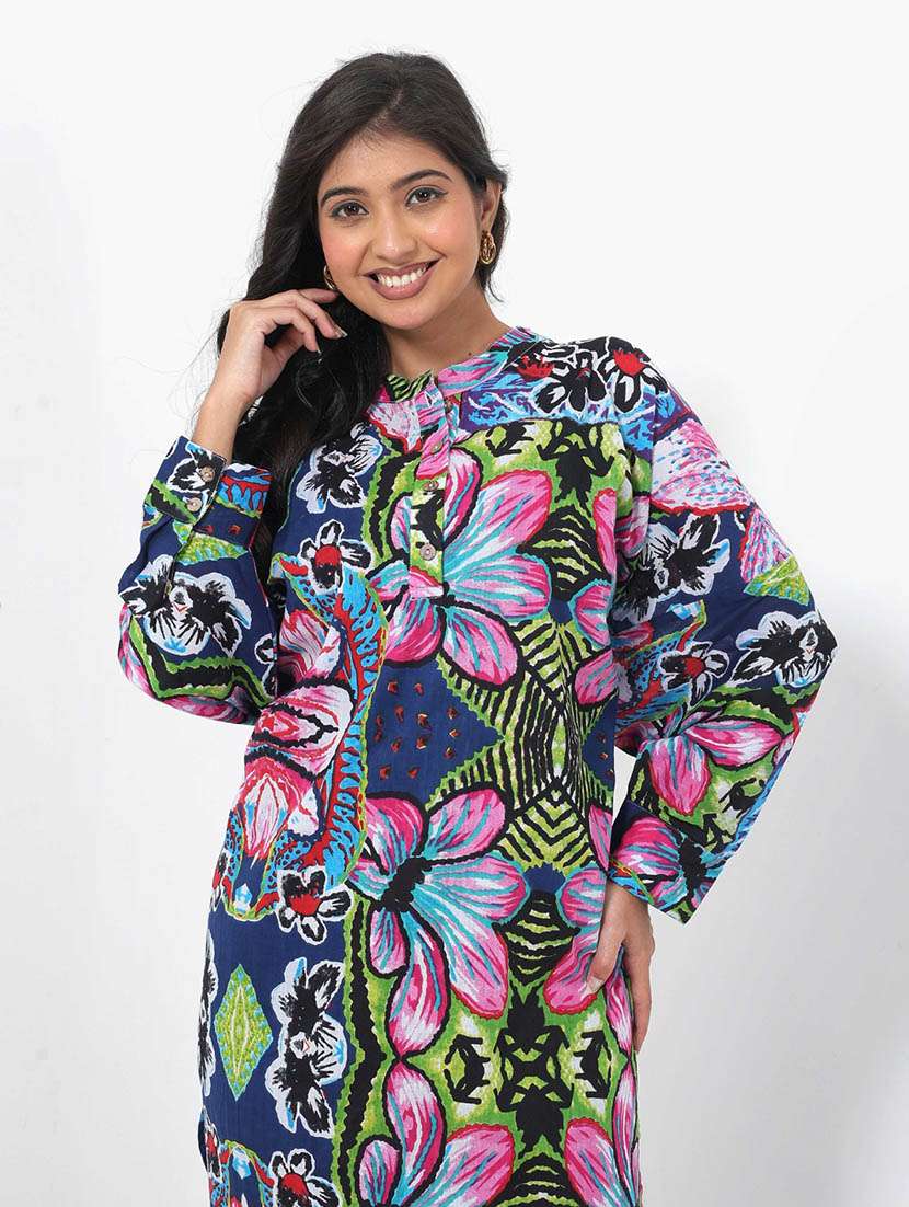 women printed long sleeve high low tunic - 22079403 - Standard Image - 3