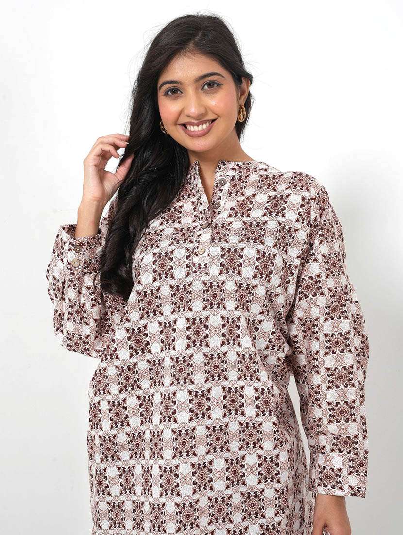 women printed long sleeve high low tunic - 22079405 - Standard Image - 3