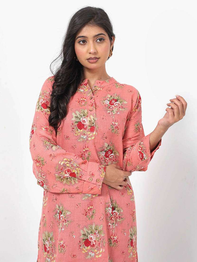 women printed long sleeve high low tunic - 22079409 - Standard Image - 3