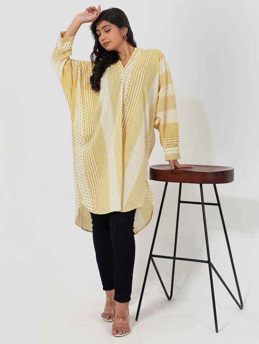 women printed long sleeve high low tunic
