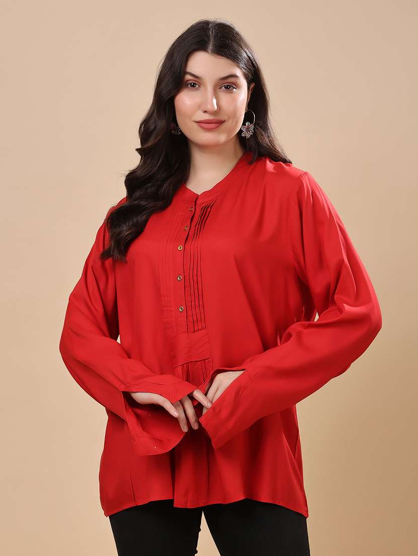 women solid mandarin neck long sleeve top - 22079536 -  Zoom Image - 0