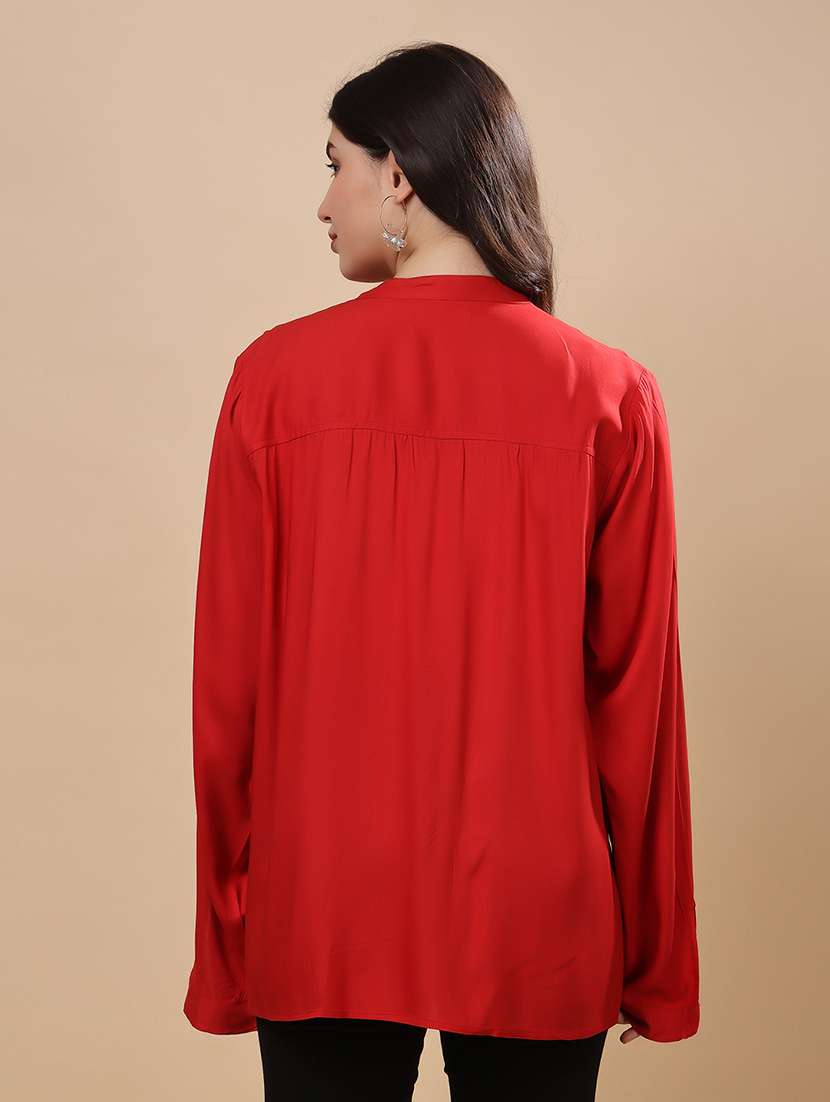 women solid mandarin neck long sleeve top - 22079536 - Standard Image - 3