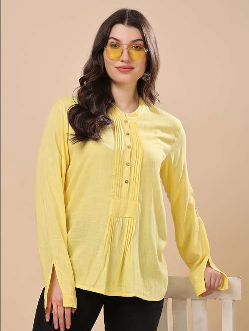 women solid mandarin neck long sleeve top - 22079537 - Standard Image - 0