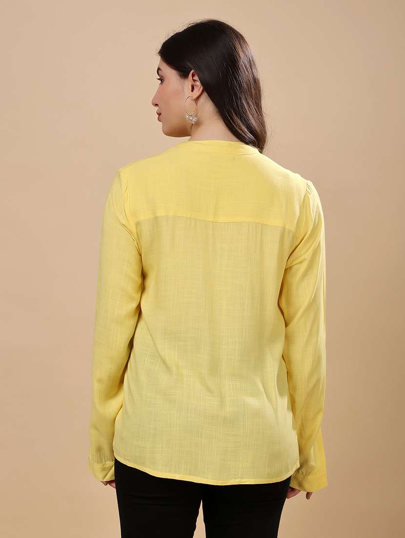 women solid mandarin neck long sleeve top - 22079537 - Standard Image - 3