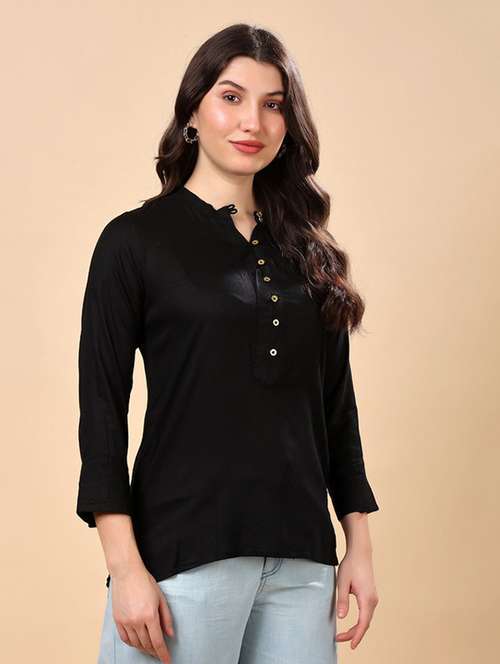 women black solid mandarin neck regular top - 22079538 -  Standard Image - 0