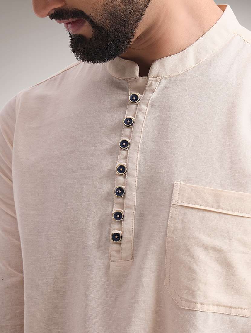 men solid mandarin neck short kurta - 22079724 - Standard Image - 3