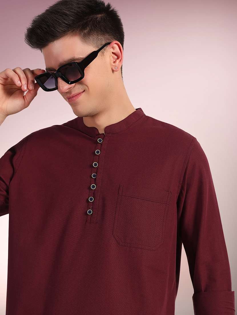 men solid mandarin neck short kurta - 22079730 - Standard Image - 3