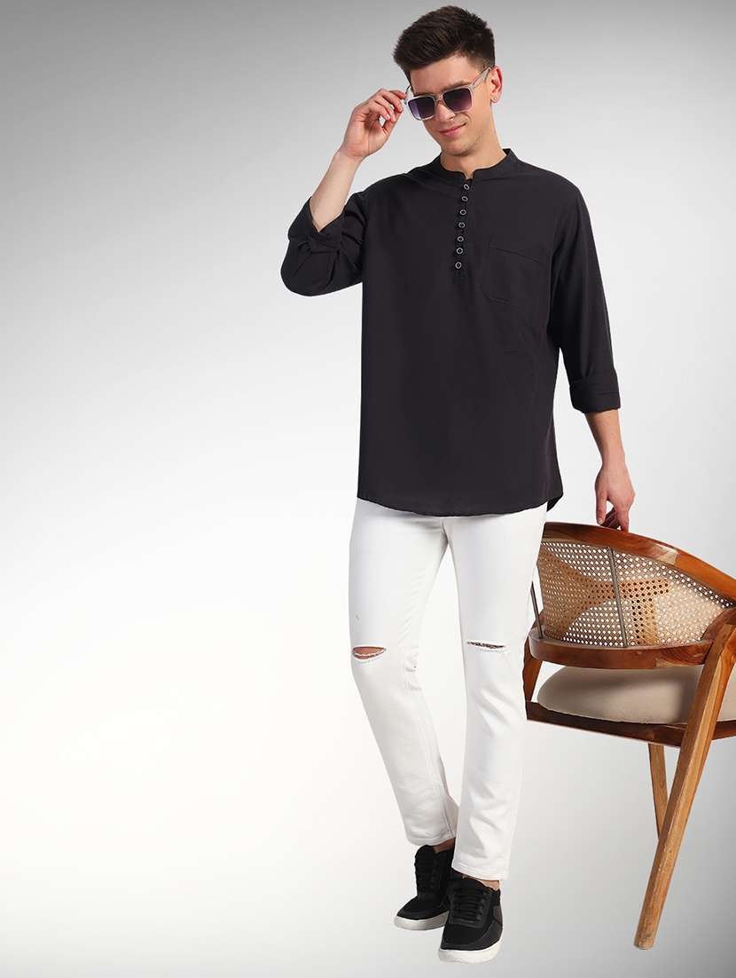 men solid mandarin neck short kurta - 22079731 - Standard Image - 3