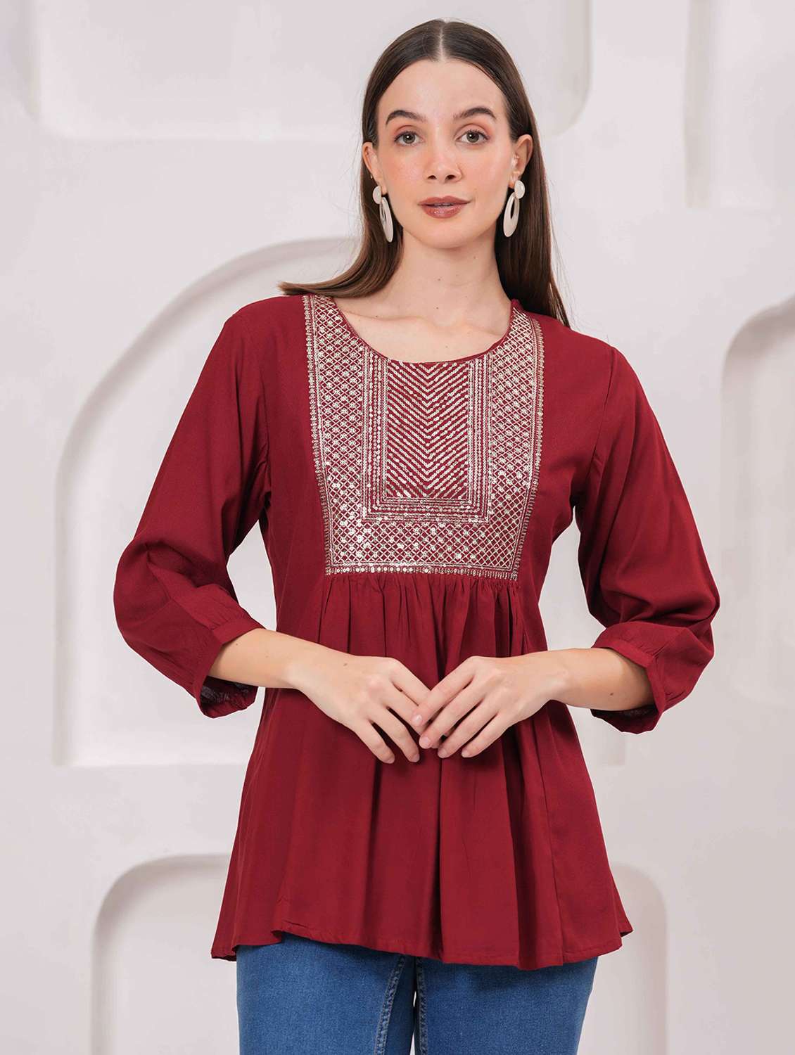 women embroidered three quarter sleeve kurti - 22079732 -  Zoom Image - 0