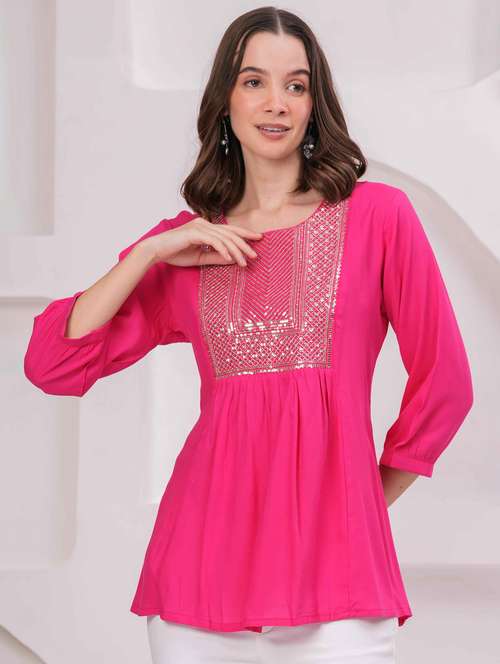 women embroidered three quarter sleeve kurti - 22079734 - Standard Image - 0