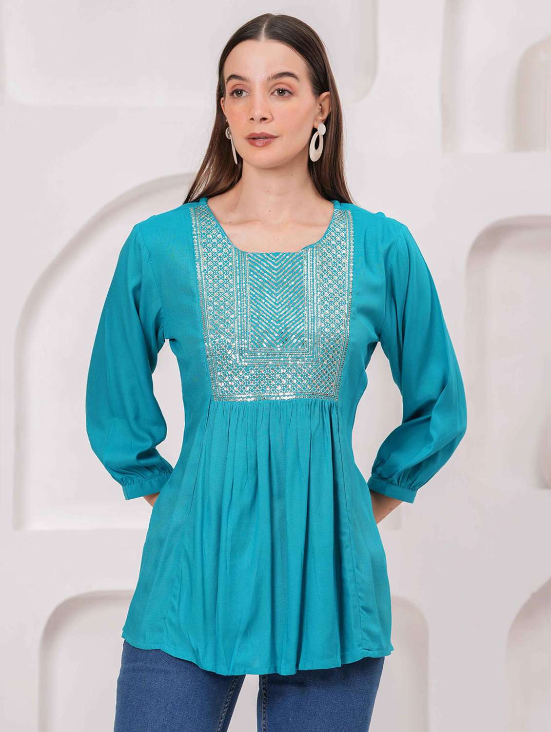women embroidered three quarter sleeve kurti - 22079735 -  Zoom Image - 0