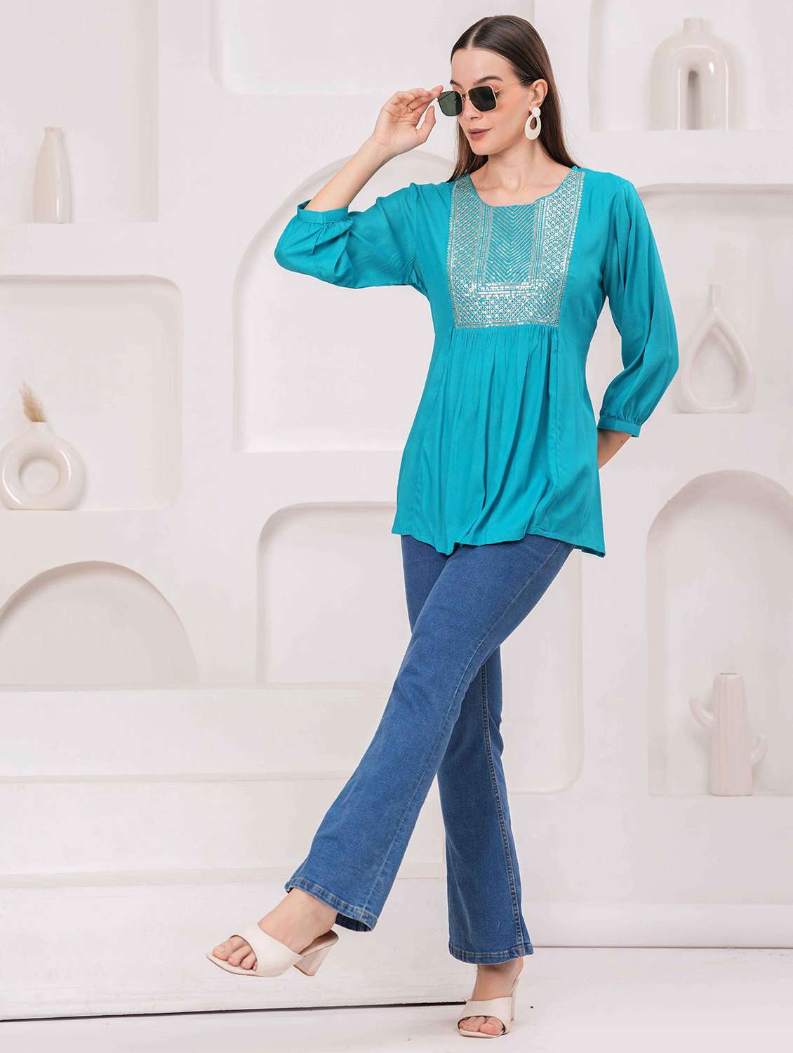 women embroidered three quarter sleeve kurti - 22079735 - Standard Image - 5