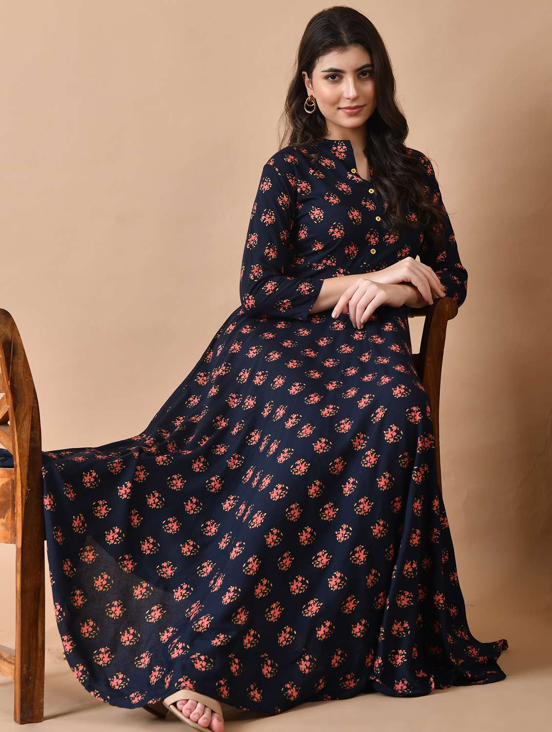 women floral printed three quarter sleeve ethnic dress - 22079738 -  Standard Image - 3