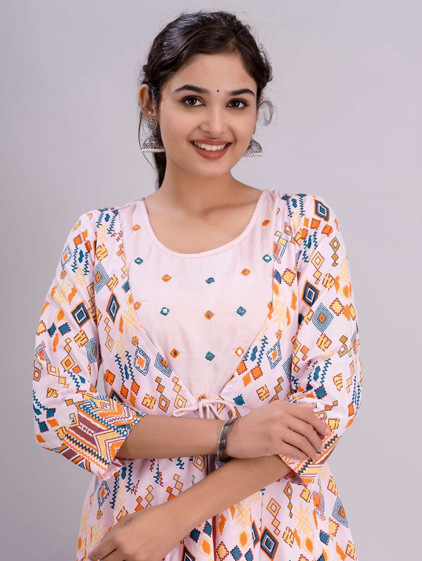 women printed three quarter sleeve ethnic dress - 22079743 -  Standard Image - 3