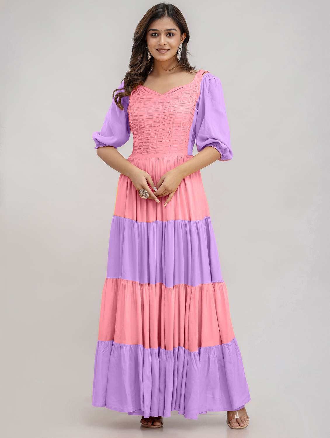 women color block puff sleeve tiered maxi dress - 22079745 - Zoom Image - 0