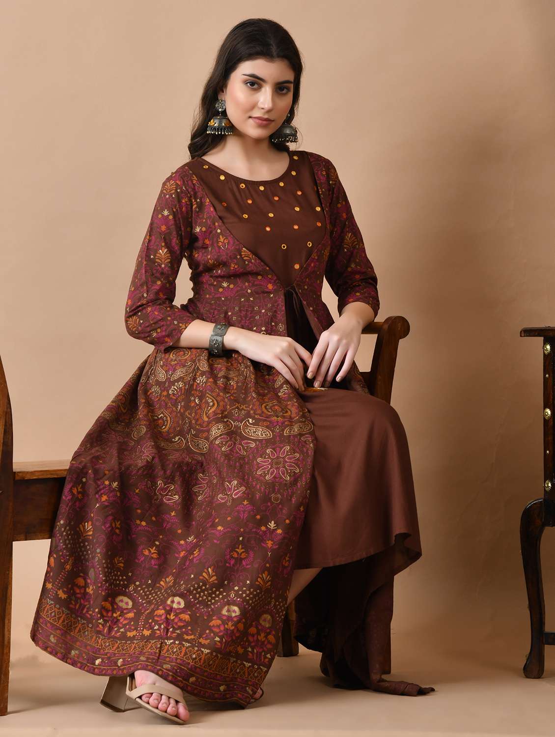 women printed three quarter sleeve ethnic dress - 22079747 -  Standard Image - 3