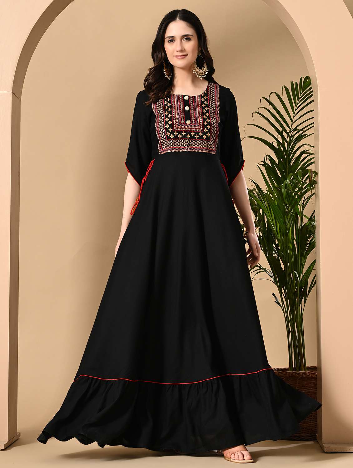 women embroidered three quarter sleeve ethnic dress