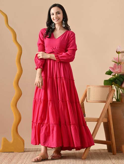 women solid long sleeve tiered ethnic dress - 22079749 -  Standard Image - 0