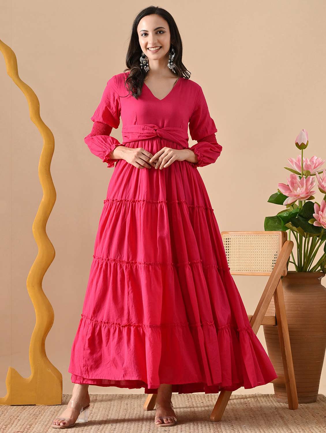 women solid long sleeve tiered ethnic dress - 22079749 -  Standard Image - 3