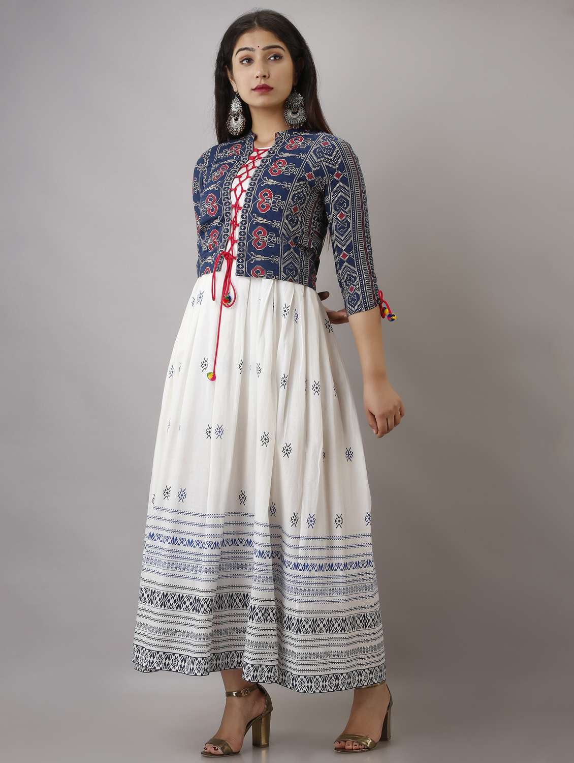 women printed three quarter sleeve ethnic dress - 22079750 -  Standard Image - 3