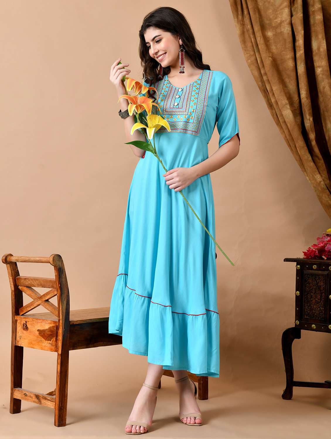 women embroidered three quarter sleeve ethnic dress - 22079752 -  Zoom Image - 0