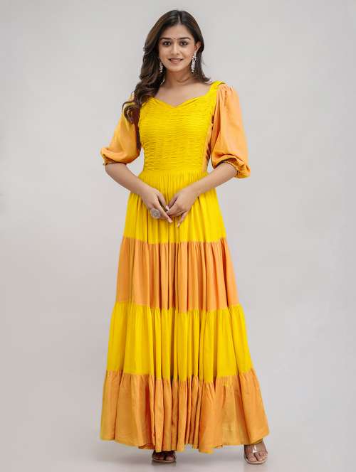 women color block puff sleeve tiered maxi dress - 22079757 - Standard Image - 0