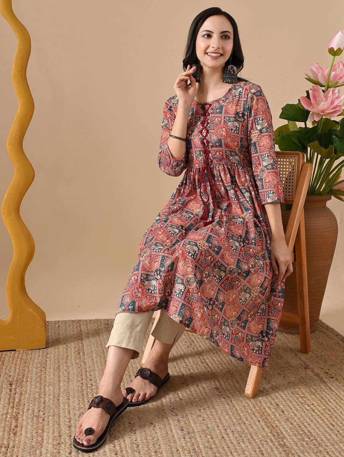 women printed three quarter sleeve a-line kurta