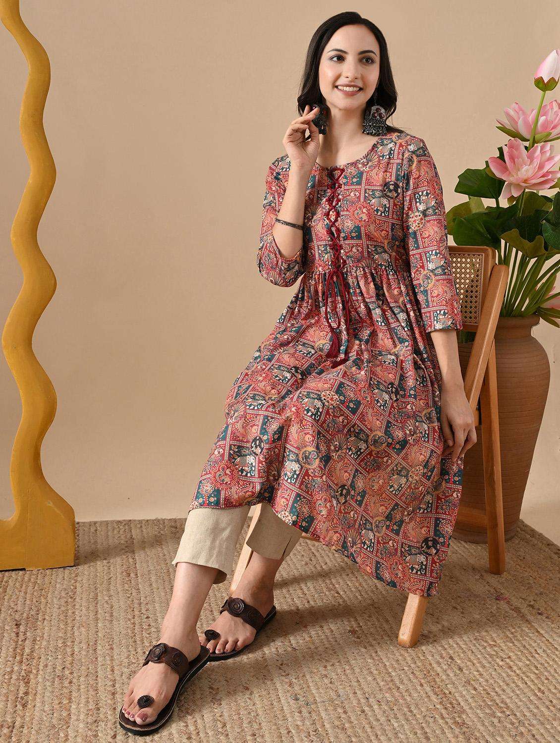 women printed three quarter sleeve a-line kurta