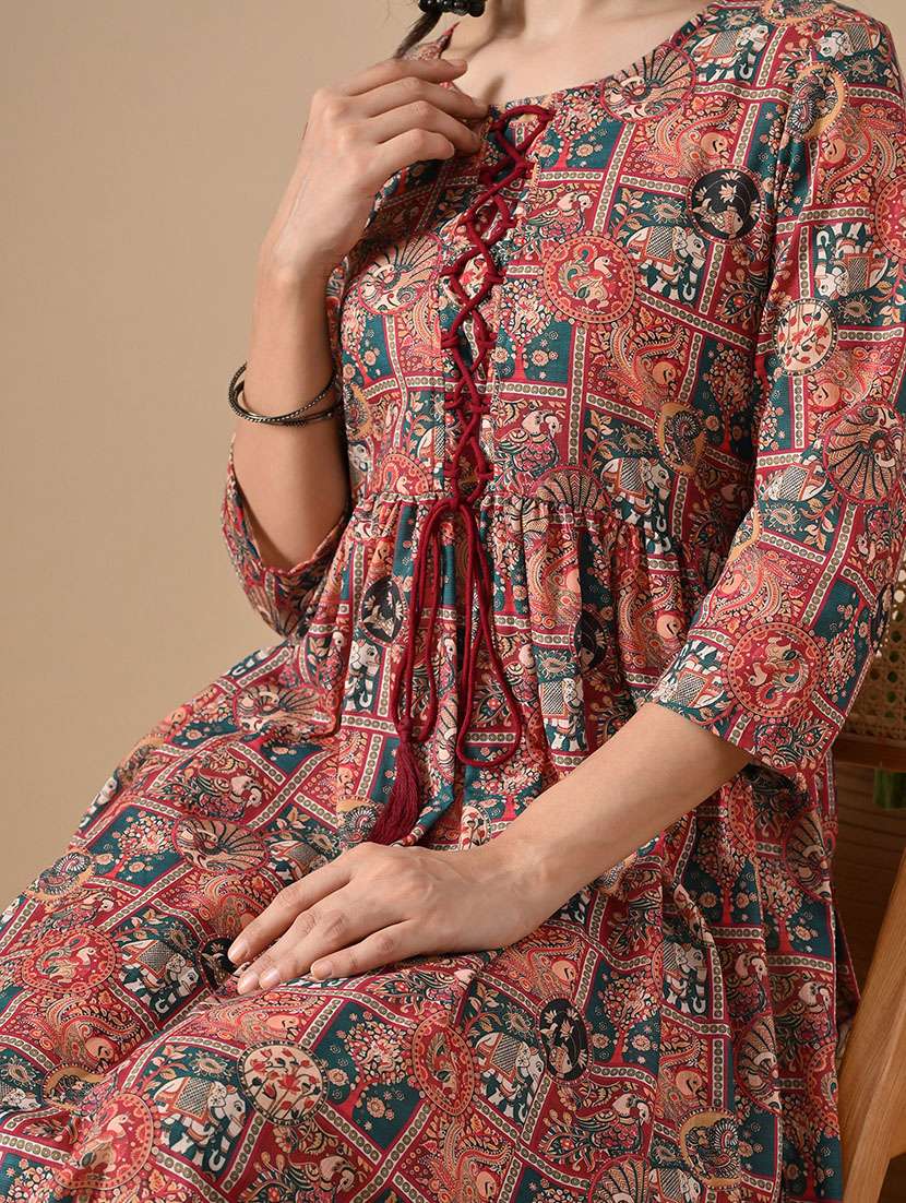 women printed three quarter sleeve a-line kurta - 22079759 -  Standard Image - 3