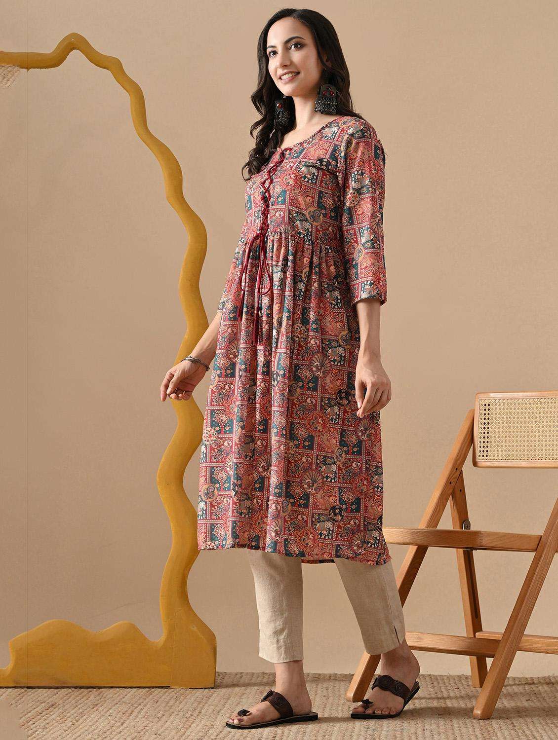 women printed three quarter sleeve a-line kurta - 22079759 -  Standard Image - 3