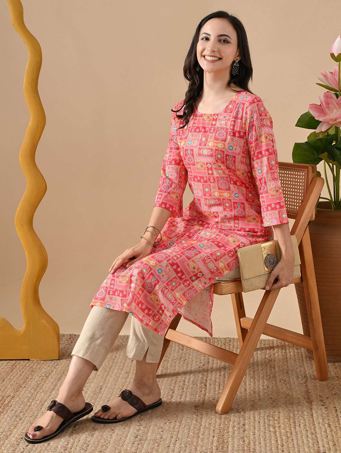 women printed three quarter sleeve straight kurta - 22079760 - Zoom Image - 0