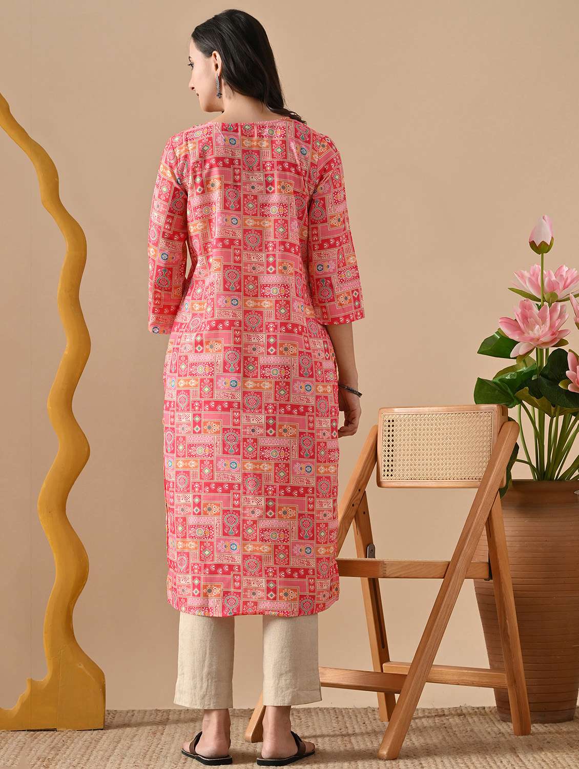 women printed three quarter sleeve straight kurta - 22079760 - Standard Image - 3