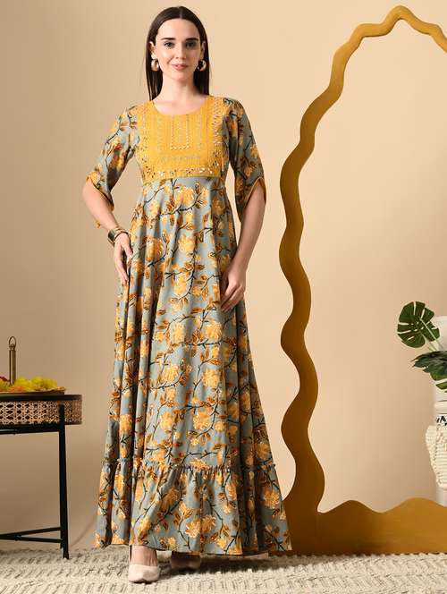 women floral printed three quarter sleeve ethnic dress - 22079763 -  Standard Image - 0