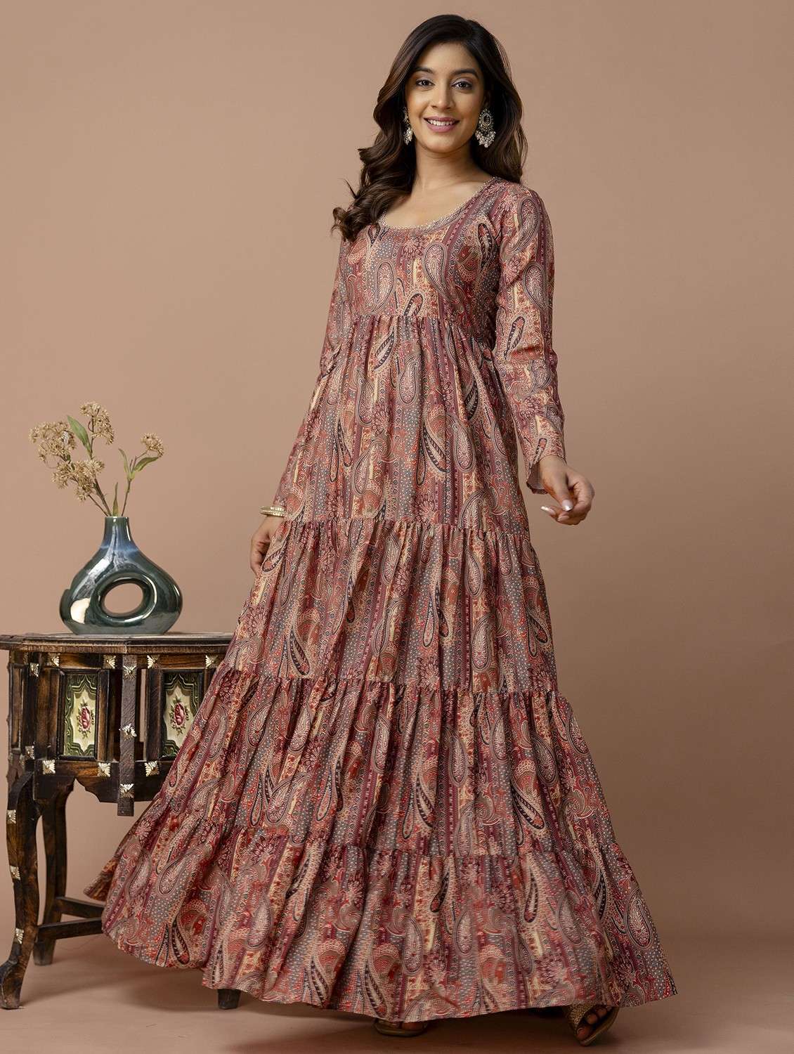 women paisley printed long sleeve ethnic dress - 22079764 -  Standard Image - 3