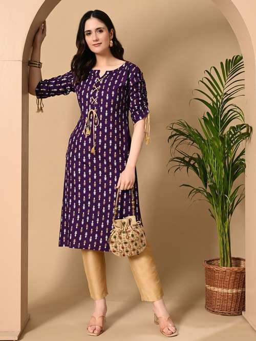 women printed three quarter sleeve straight kurta - 22079766 -  Standard Image - 0