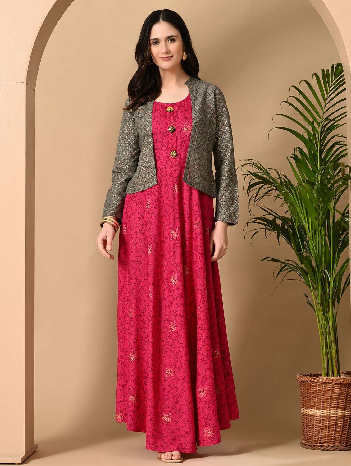 women printed long sleeve ethnic dress