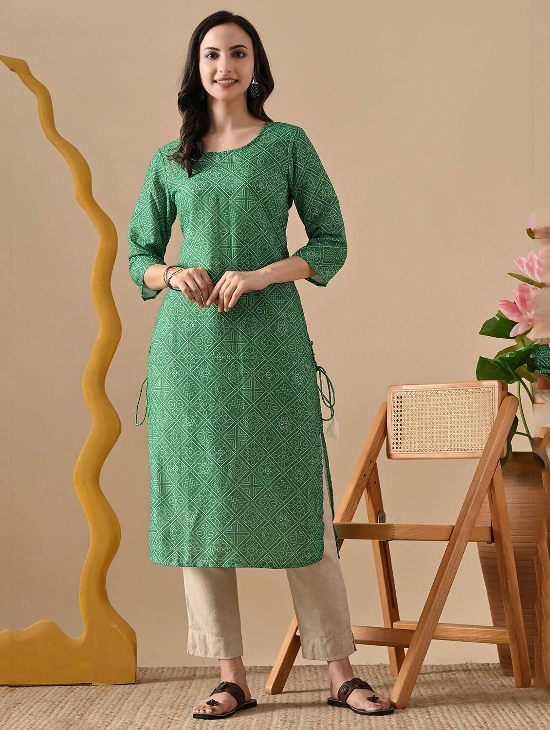 women printed three quarter sleeve straight kurta