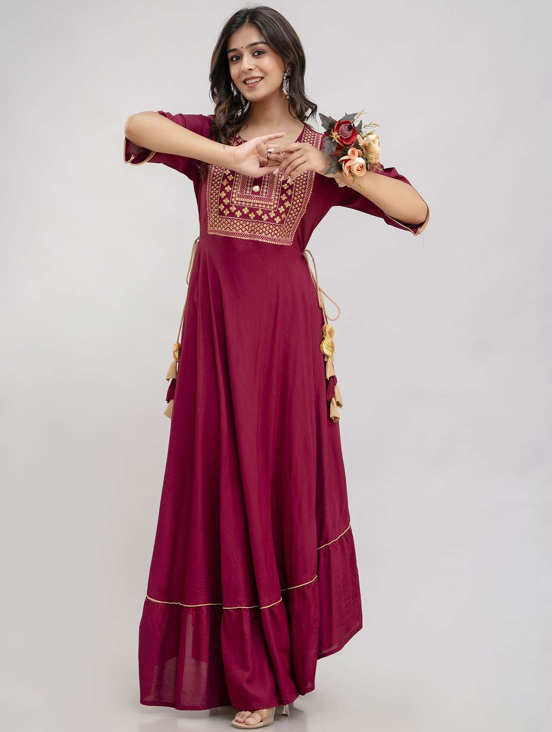 women embroidered round neck tiered ethnic dress