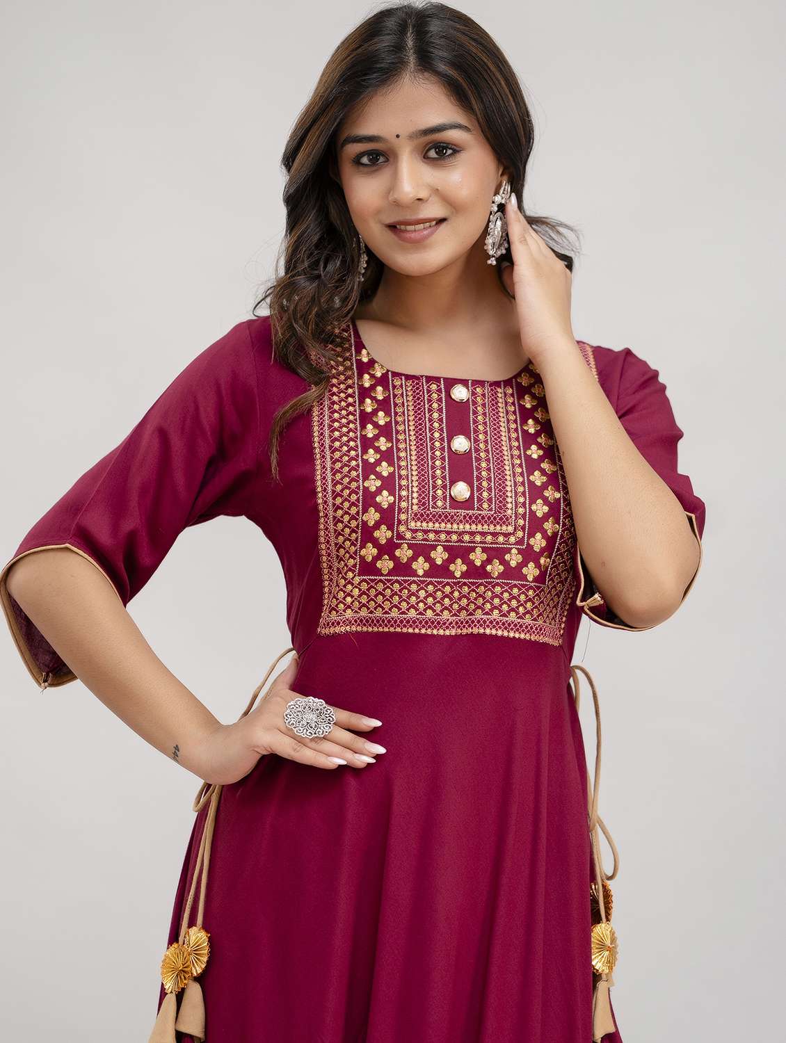 women embroidered round neck tiered ethnic dress - 22079789 - Standard Image - 3