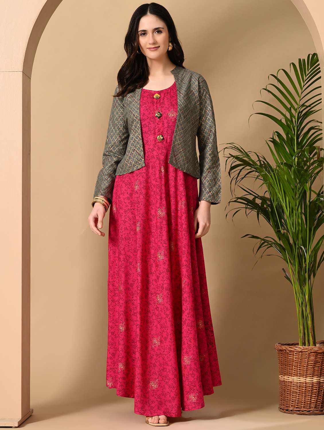 women printed long sleeve kurta with jacket ethnic dress
