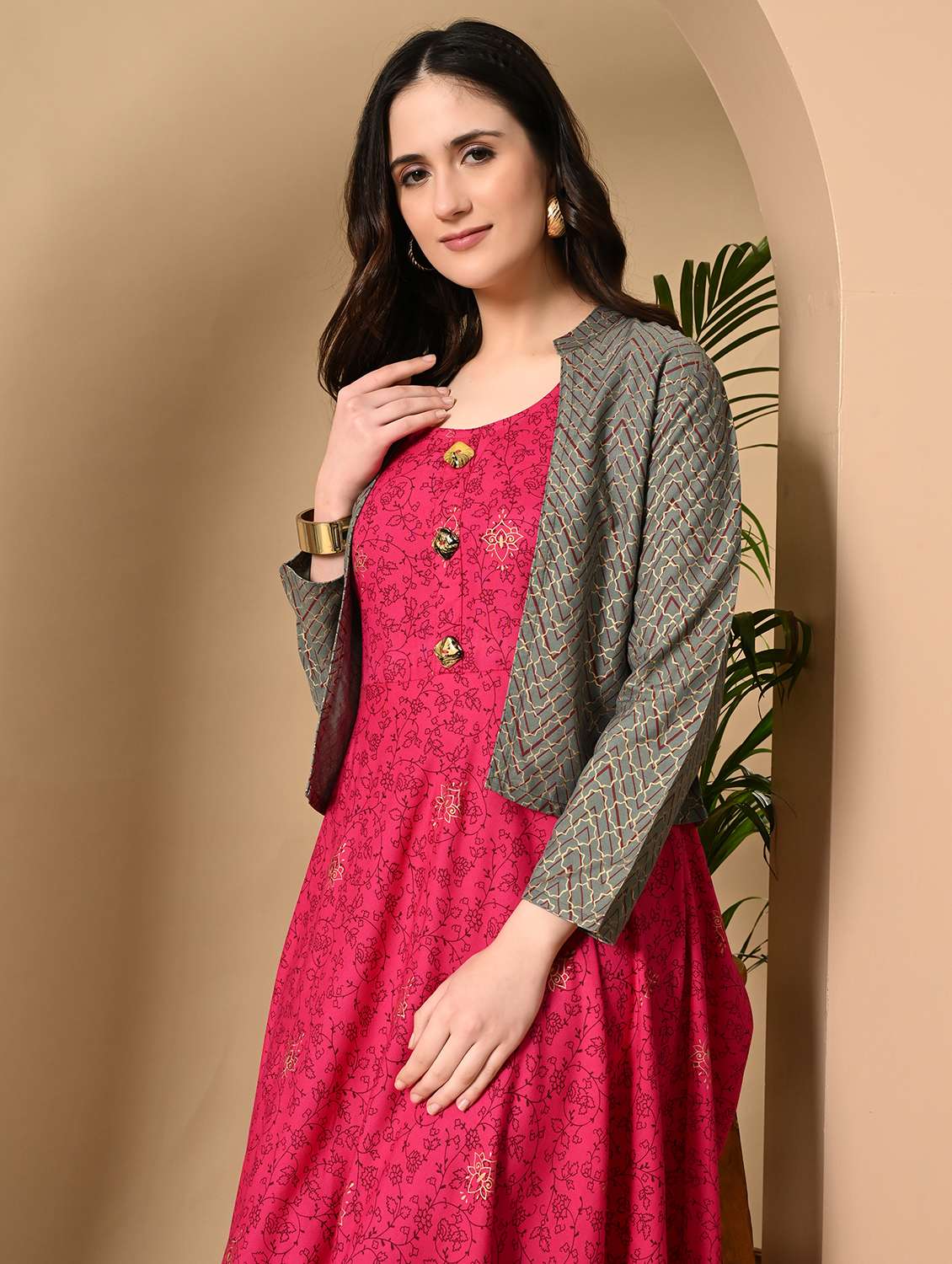 women printed long sleeve kurta with jacket ethnic dress - 22079791 - Standard Image - 3