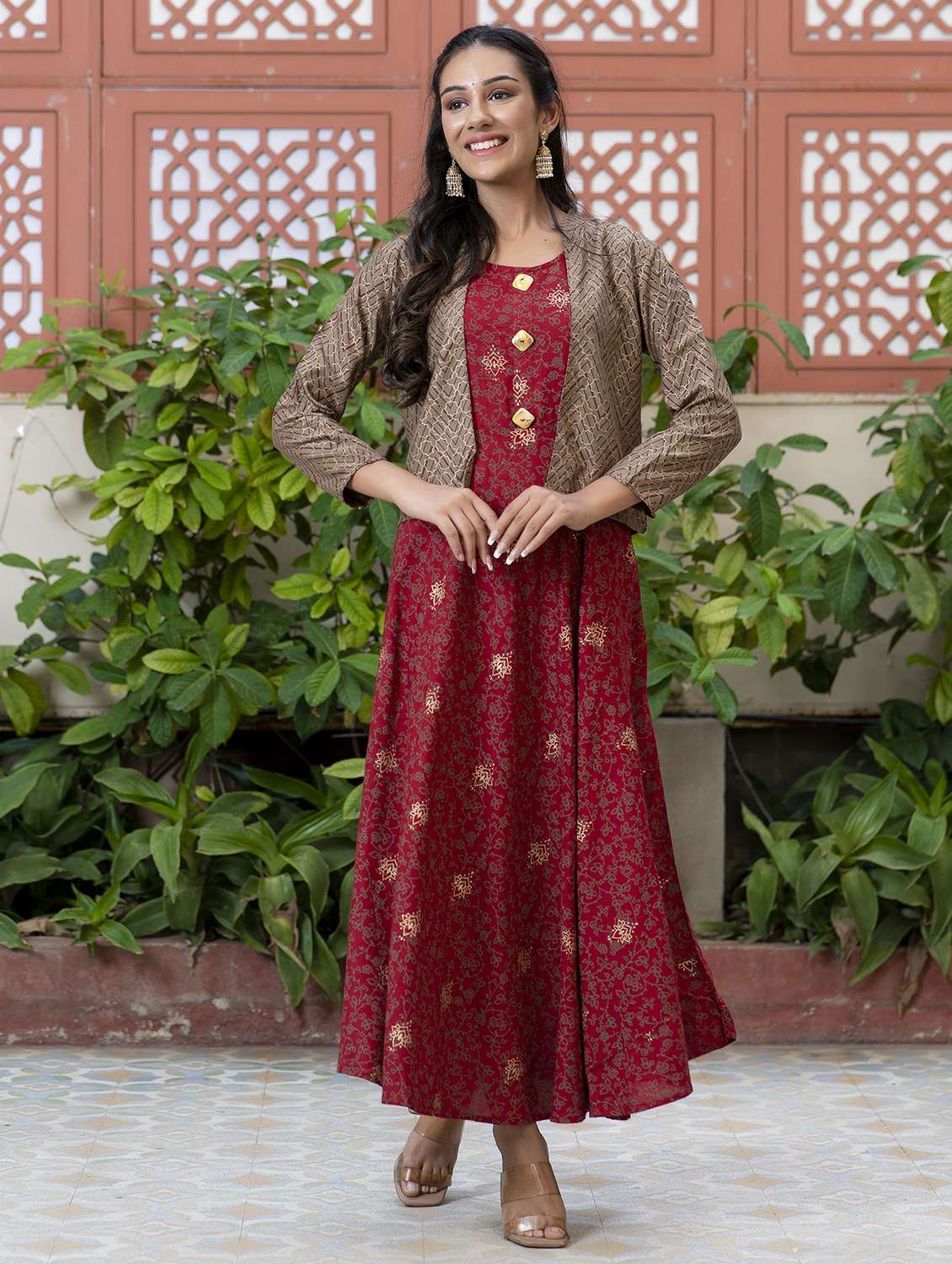 women printed long sleeve kurta with jacket ethnic dress - 22079792 - Zoom Image - 0