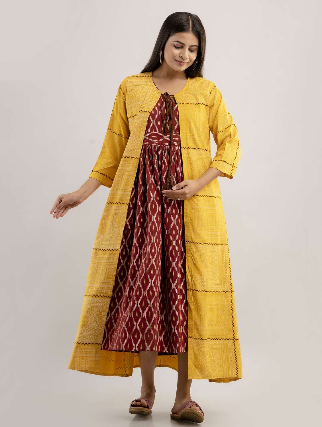 women printed tie up neck maternity wear dress