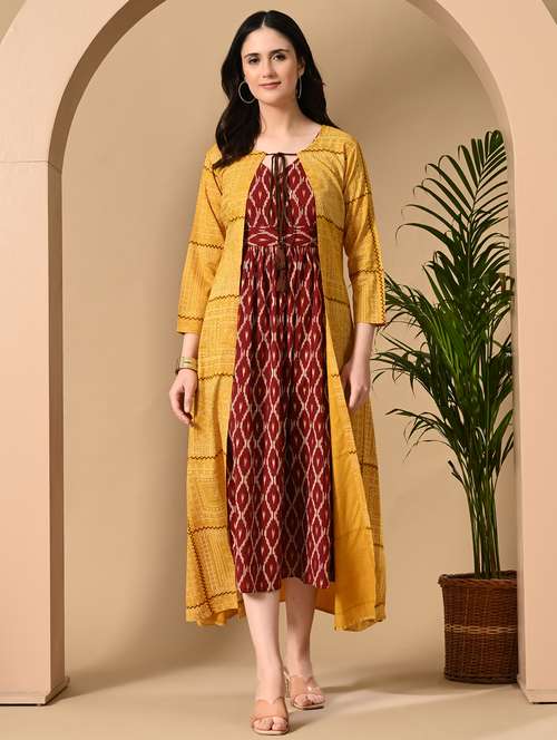 women printed three quarter sleeve ethnic dress - 22079795 - Standard Image - 0