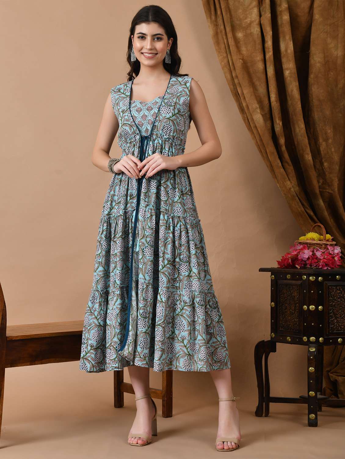 women printed sleeveless tiered ethnic dress