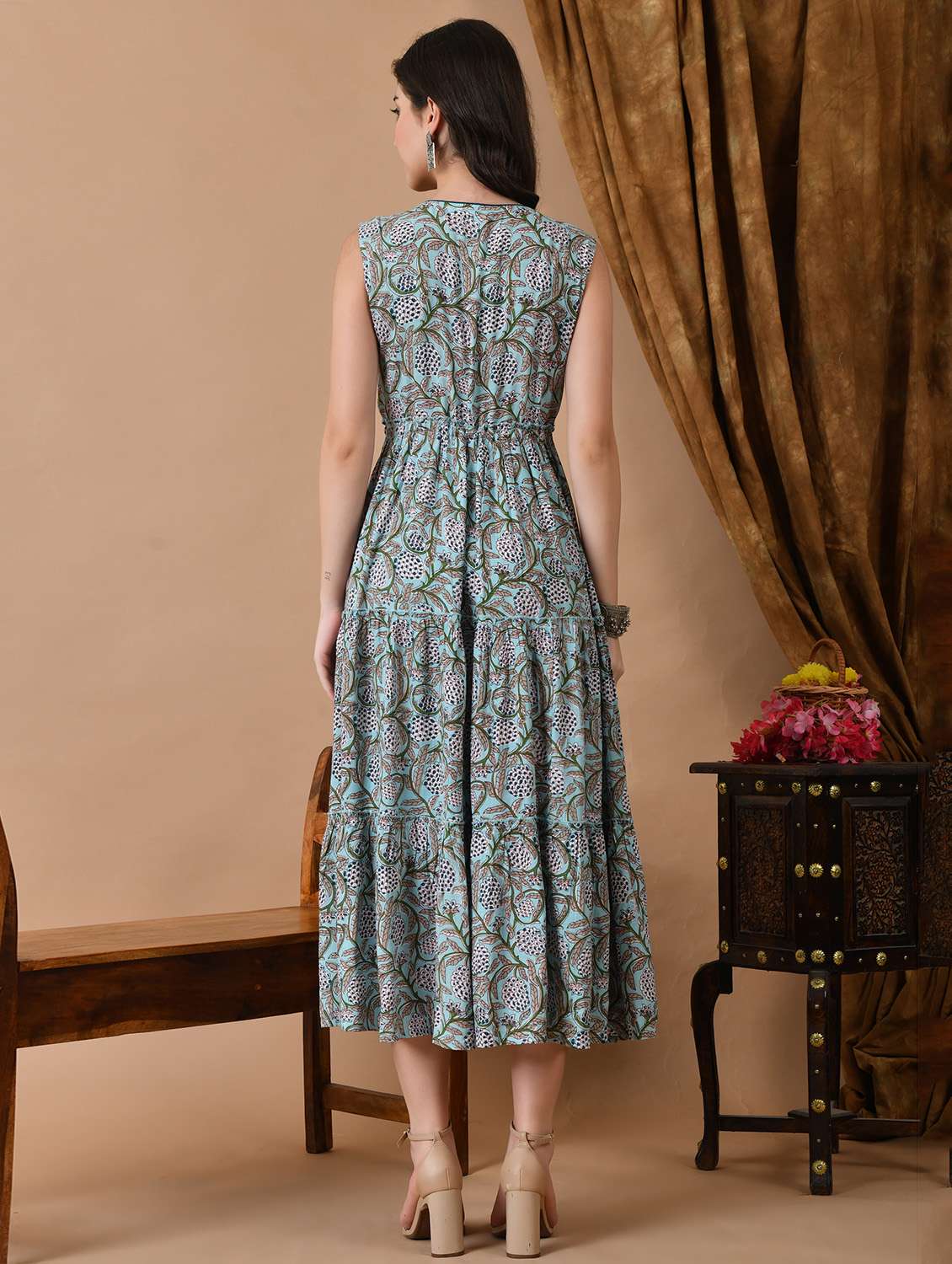 women printed sleeveless tiered ethnic dress - 22079797 - Standard Image - 3