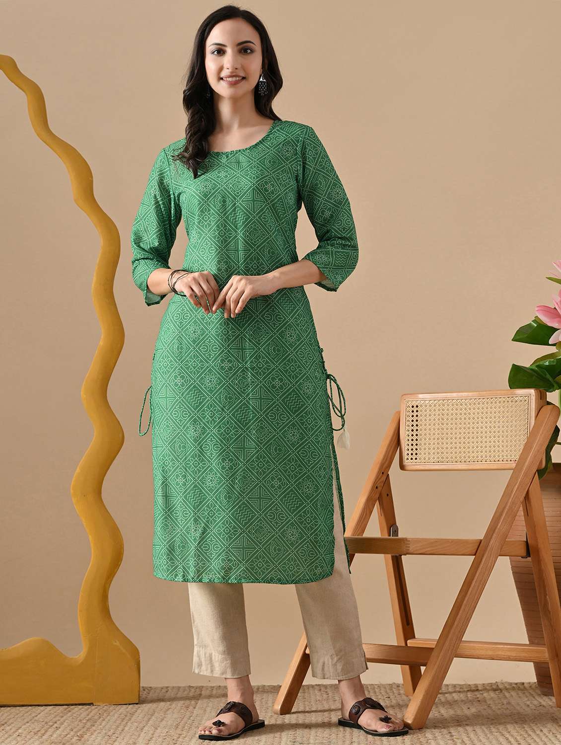 women printed three quarter sleeve straight kurta
