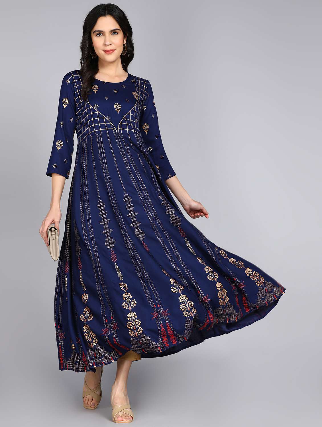 women foil printed three quarter sleeve ethnic dress
