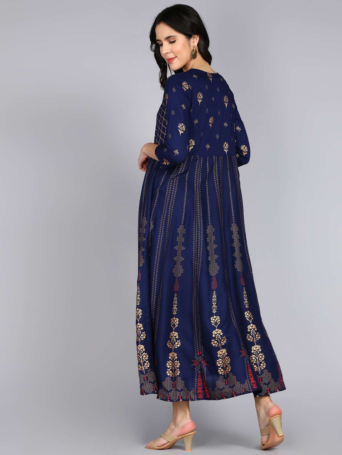 women foil printed three quarter sleeve ethnic dress - 22079799 - Standard Image - 3