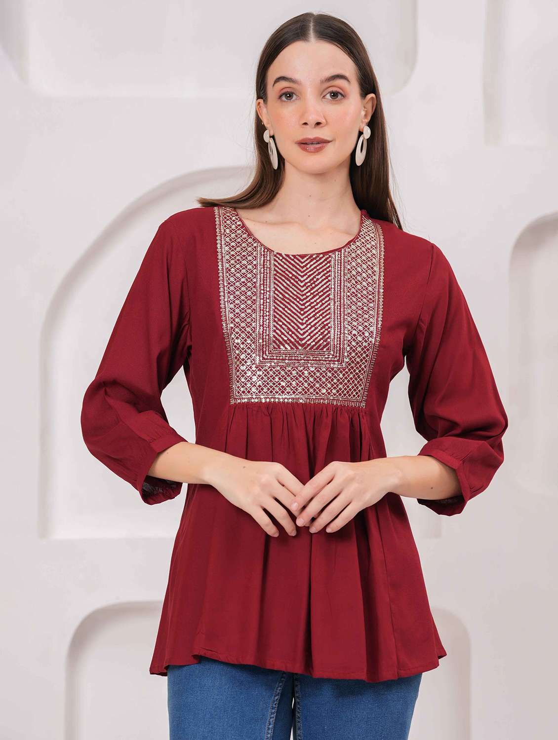 women embroidered three quarter sleeve kurti - 22079816 - Zoom Image - 0
